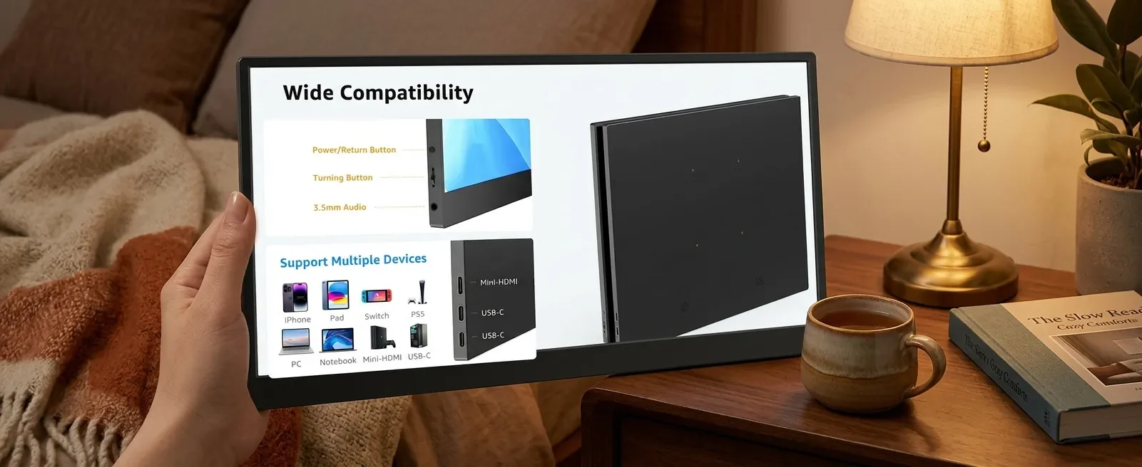 Customer photo of YODOIT portable monitor in a cosy bedroom